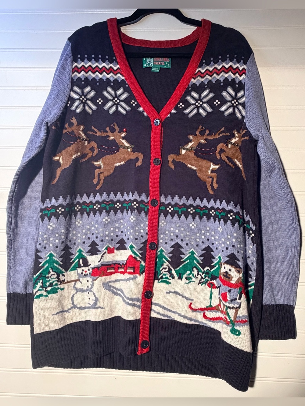 Ugly Christmas Sweater Cardigan with reindeer, snowman, winter Women’s XL